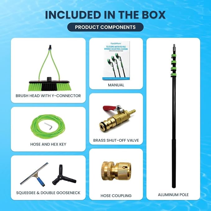 24 Feet Reach Solar Panel Cleaning Brush & Pole Kit Window Cleaner Solar Panel Cleaning System Washing Tool Professional Solution: Scrubber Brush & Spray Washer Water Fed Pole w/Squeegee