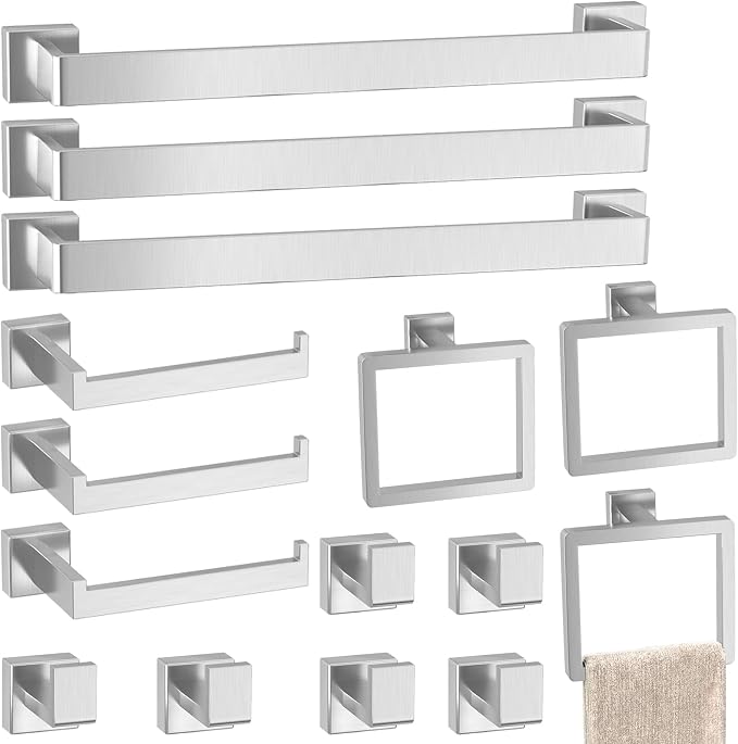 15-Pieces Brushed Nickel Bathroom Accessories Set, Stainless Steel Bathroom Hardware Set, Towel Racks for Bathroom Wall Mounted 24 Inch Bath Towel Bar Set.