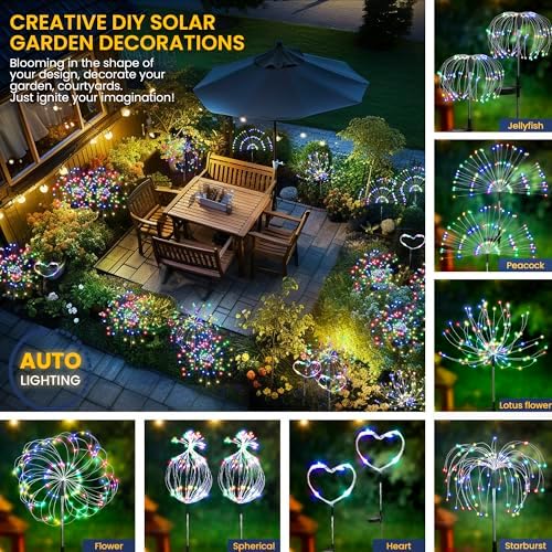 GIGALUMI 2 Pack Solar Firework Lights Outdoor, Garden Decor, Multicolored