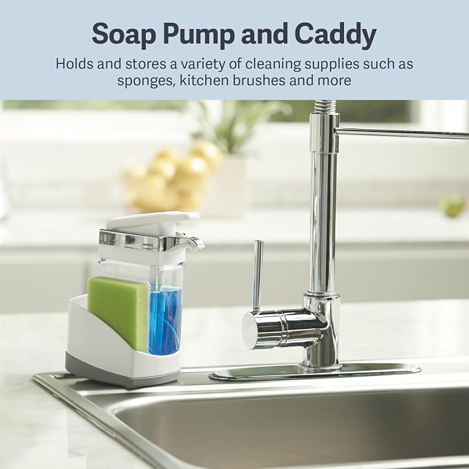 Casabella Sink Sider Solo Soap Pump and Sponge Caddy for Kitchen Sinks, Kitchen Sink Organizer Sponge Caddy and Soap Pump Combo, White