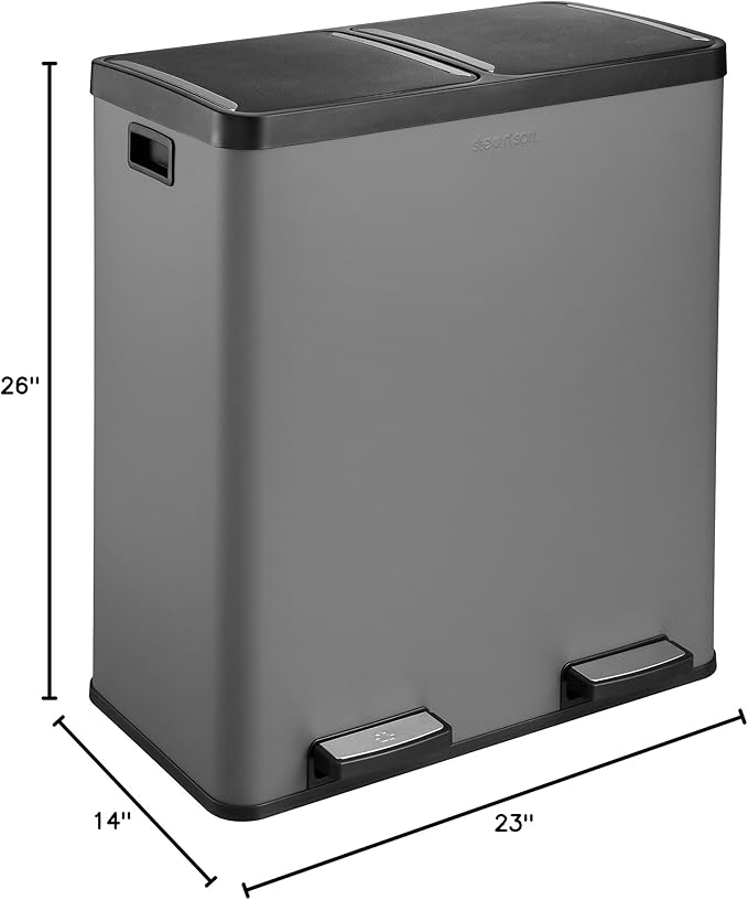 Step N' Sort The 18.5 Gallon Extra Large Capacity, Soft-Step, Dual Trash and Recycling Bin with Removable Inner Bins, Grey