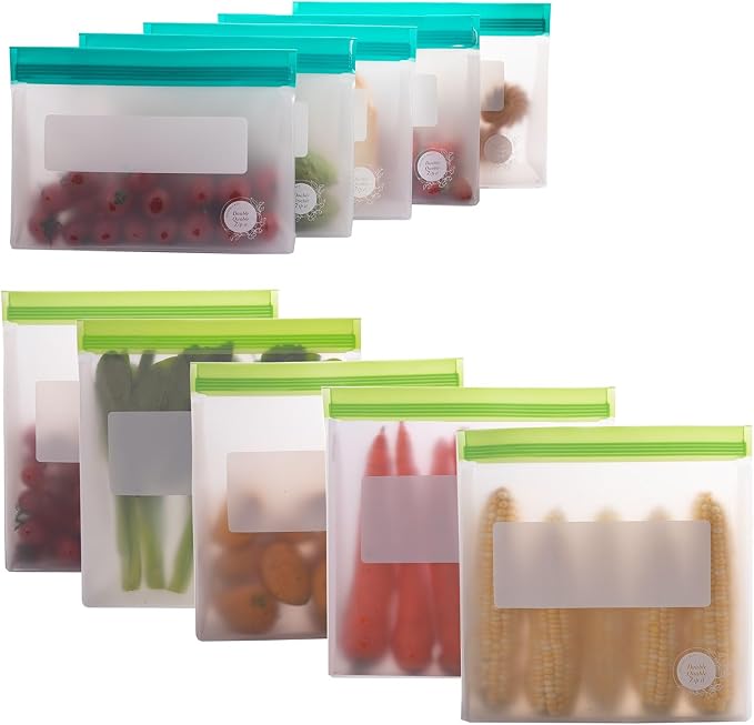 Reusable Food Storage Bags – 10-Pack Stand-Up, BPA-Free, Freezer, Dishwasher Safe & Eco-Friendly – 5 Gl, 5 L Bags – Airtight Leakproof Ziplock Bags for Kitchen Storage (Multicolor)