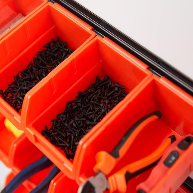 Ultrawall Wall Mounted Storage Bins, Plastic Hanging Storage Organizer Bins, Garage Tool Storage System for Screws, Nuts, Bolts, Nails, and Small Hardware Parts, 12x bins & 3 x rails, Orange