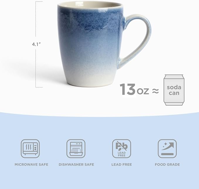 famiware Coffee Mugs Set, 13oz Mug Set of 6, Stoneware Cups for Latte, Hot Tea, Mocha, Cocoa, Cappuccino, Microwave and Dishwasher Safe, Glacier Series, Azure Blue