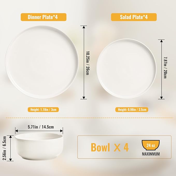 EWFEN Plates and Bowls Sets, 12 Pieces Ceramic Dinnerware Set for 4, Stoneware Dishware Dishes Set, Scratch Resistant Dishes Set, Dishwasher & Microwave Safe, White
