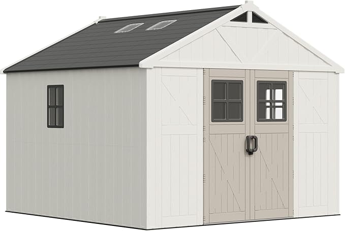 Greesum 10X10FT Plastic Outdoor Storage Shed with Floor and Lockable Door, Resin Sheds with 4-Windows and Multiple Skylights, HDPE Kick-it Shed for Garden, Patio, Backyard, Beige