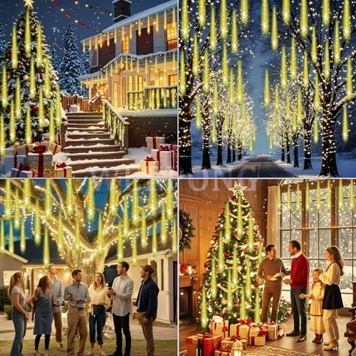 Weepong Christmas Lights Outdoor Falling Rain Meteor Shower Lights 12 inch 8 Tube 192 LED Snowfall Icicle Cascading String Light for Xmas Tree Christmas Decorations Holiday Garden, UL Plug,Warm White