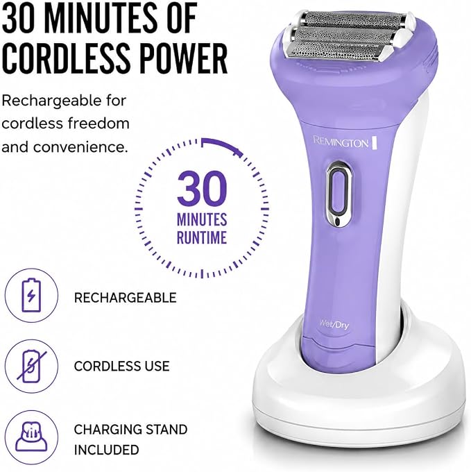 Remington Smooth & Silky Electric Shaver for Women, 4-Blade Smooth Glide Foil Shaver and Bikini Trimmer with Almond Oil Strip, Shave Wet or Dry
