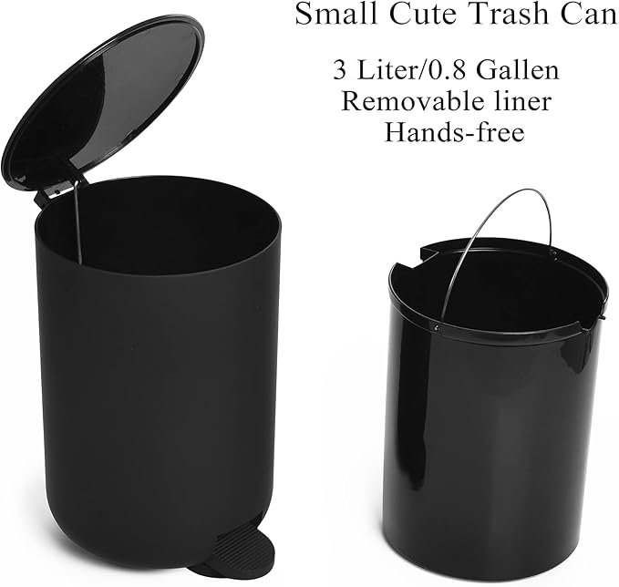 GAHEFY Black Bathroom Accessories Set with Small Trash Can 3 Liter/0.8 Gallon,Toothbrush Holder,Soap Dispenser,Vanity Tray,Toilet Brush and Holder Black 5pcs