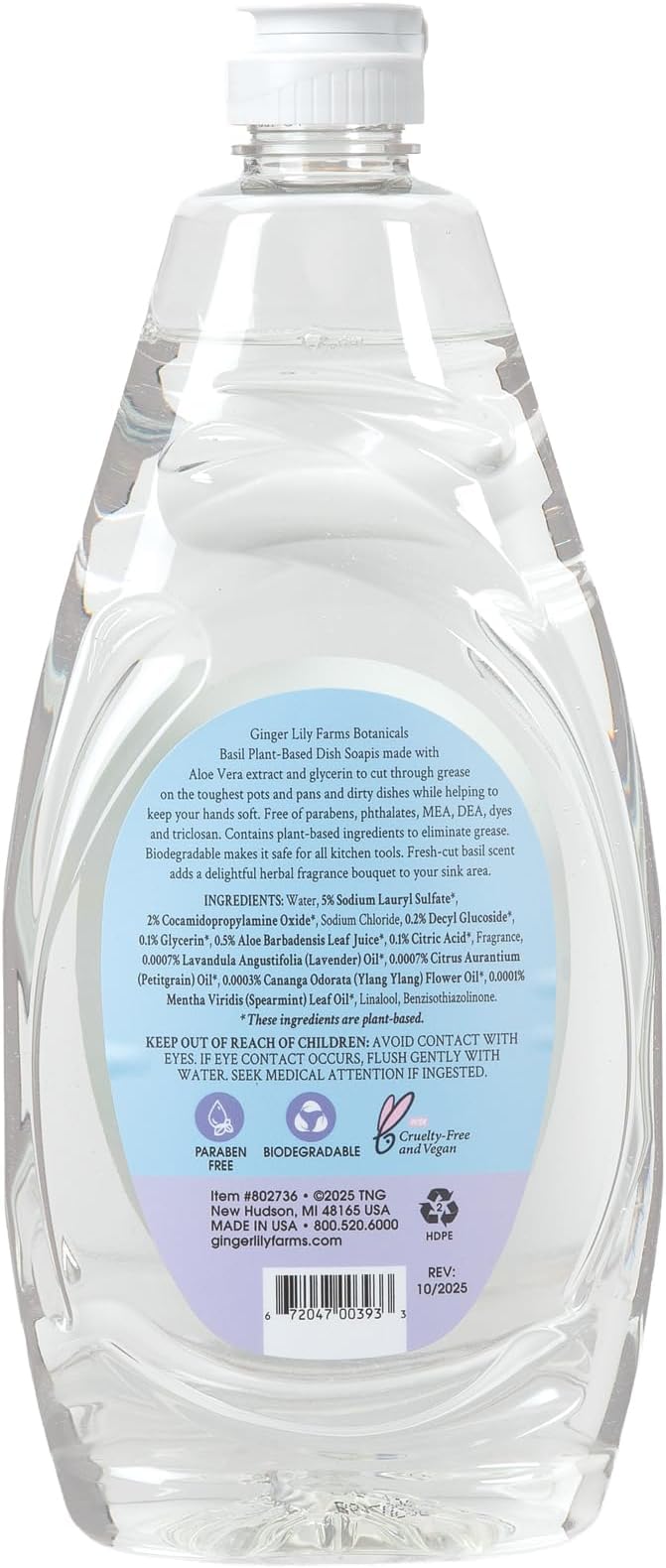 Ginger Lily Farms Botanicals Plant-Based Liquid Dish Soap, Concentrated Formula with Max Grease Cleaning Power, Cruelty-Free, Basil Scent, 24 Fl Oz (Pack of 8)