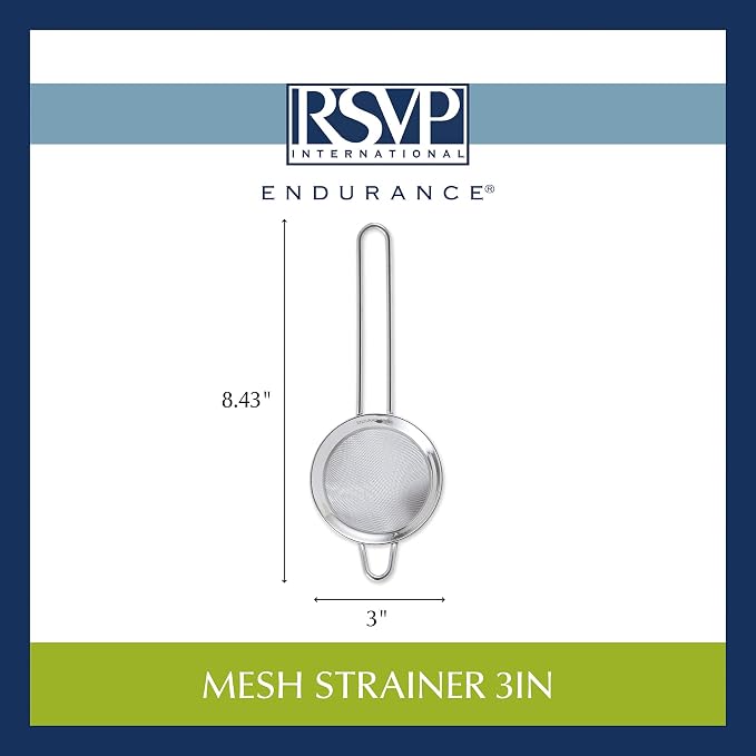 RSVP International Endurance Kitchen Collection, Stainless Steel Fine Mesh Conical Sieve/Colander, Multi-Purpose for Cooking, Baking, Loose Leaf Tea, Bar Strainer Cocktails, 3-Inch