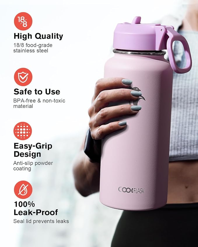 Coolflask Water Bottle 32 oz Insulated with Straw, Stainless Steel Metal 3 Lids Water Flask Wide Mouth for Sports or Office, Non-BPA Keep Cold Up to 48 Hrs or Hot Up to 24 Hrs, Pink