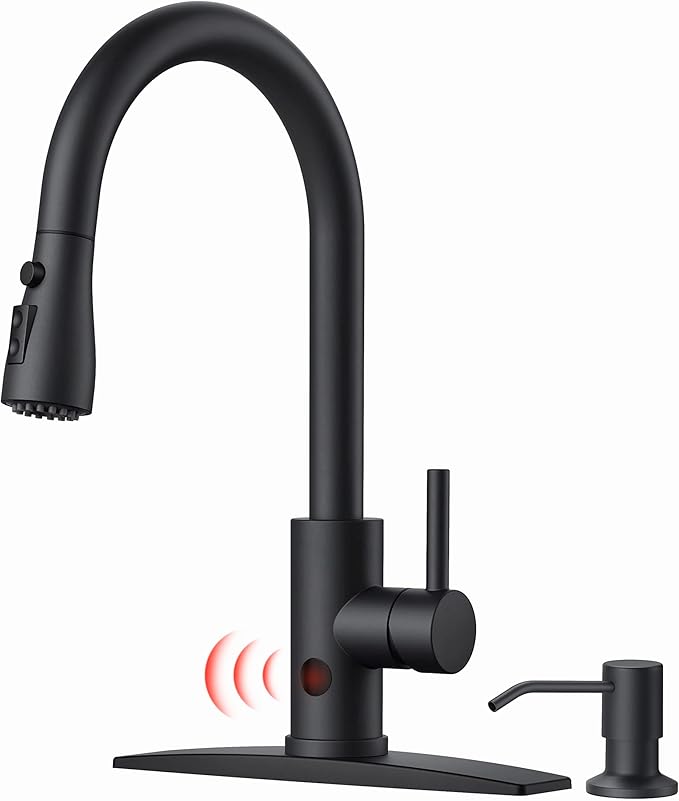 FORIOUS Black Touchless Kitchen Faucet with Soap Dispenser, Hands-Free, Smart Motion Sensor, Contemporary Bar Sink Faucet with Pull Down Sprayer for Farmhouse RV Camper