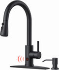FORIOUS Black Touchless Kitchen Faucet with Soap Dispenser, Hands-Free, Smart Motion Sensor, Contemporary Bar Sink Faucet with Pull Down Sprayer for Farmhouse RV Camper
