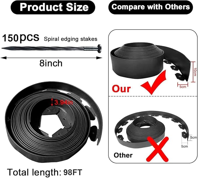 Landscape Edging 98FT,Garden Edging Borders Black [Extra Tall 4IN High] with 150pcs Plastic Stakes, Lawn Edging Flexible DIY Fence for Landscaping,Flower Bed,Grass,Gravel,Tree Surrounding