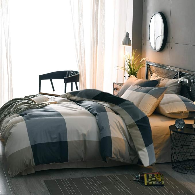 mixinni Full Size Checkered Duvet Cover Set - 3 Piece Grey Geometric Cotton Bedding Set with Zipper Closure & Corner Ties, 100% Washed Cotton Soft Breathable Duvet Cover for Men, Women, Teens (Full)