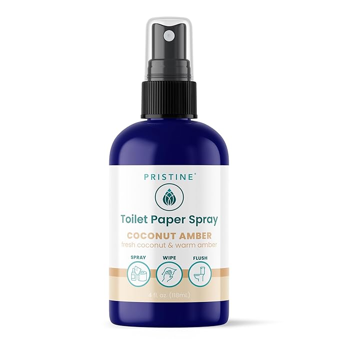 PRISTINE Toilet Paper Spray, As Seen on Shark Tank, Flushable Wipe Alternative, Personal Cleansing Bathroom Spray for Regular Toilet Tissue, Bidet Alternative, Made in USA, Coco Amber, 4oz Bottle