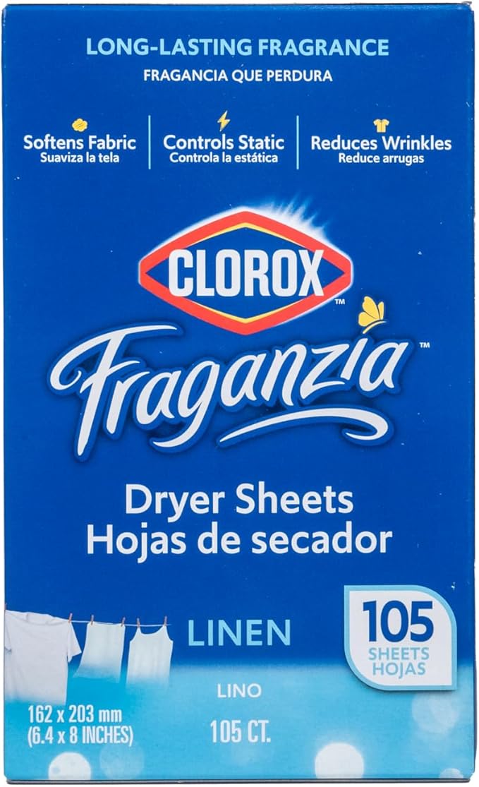 Clorox Fraganzia Fabric Softener Dryer Sheets Wrinkle Reducing Anti Static Softens Fabrics Fresh Smelling Clothes Clean Linen Scent 105 Count Single Box for Home Dorm and Laundry Room Use