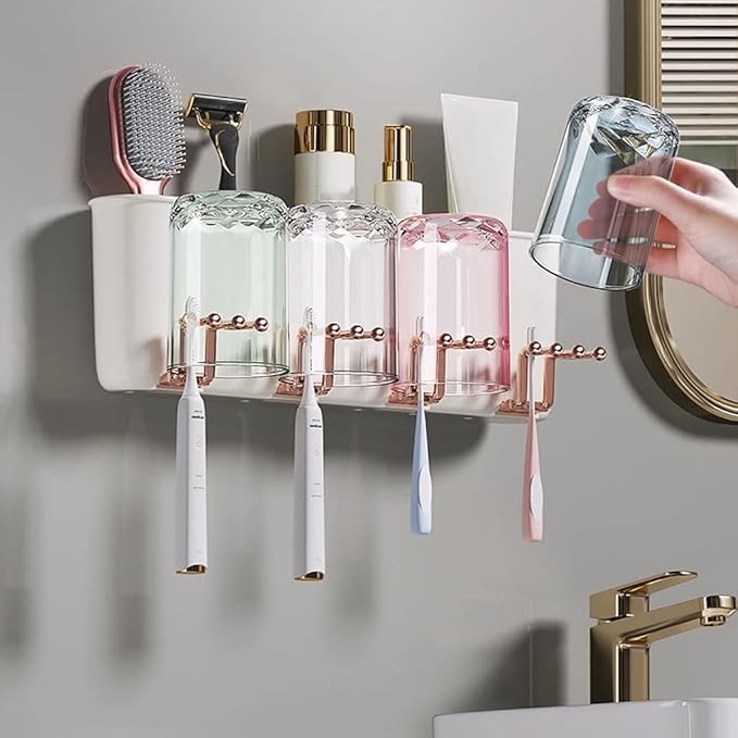 Toothbrush Rack Wall Mounted Toothbrush Holder Multifunctional Bathroom Storage Rack with Mouthwash Cup, Toothpaste Squeezer Kit Bathroom Toothbrush Holder(C)