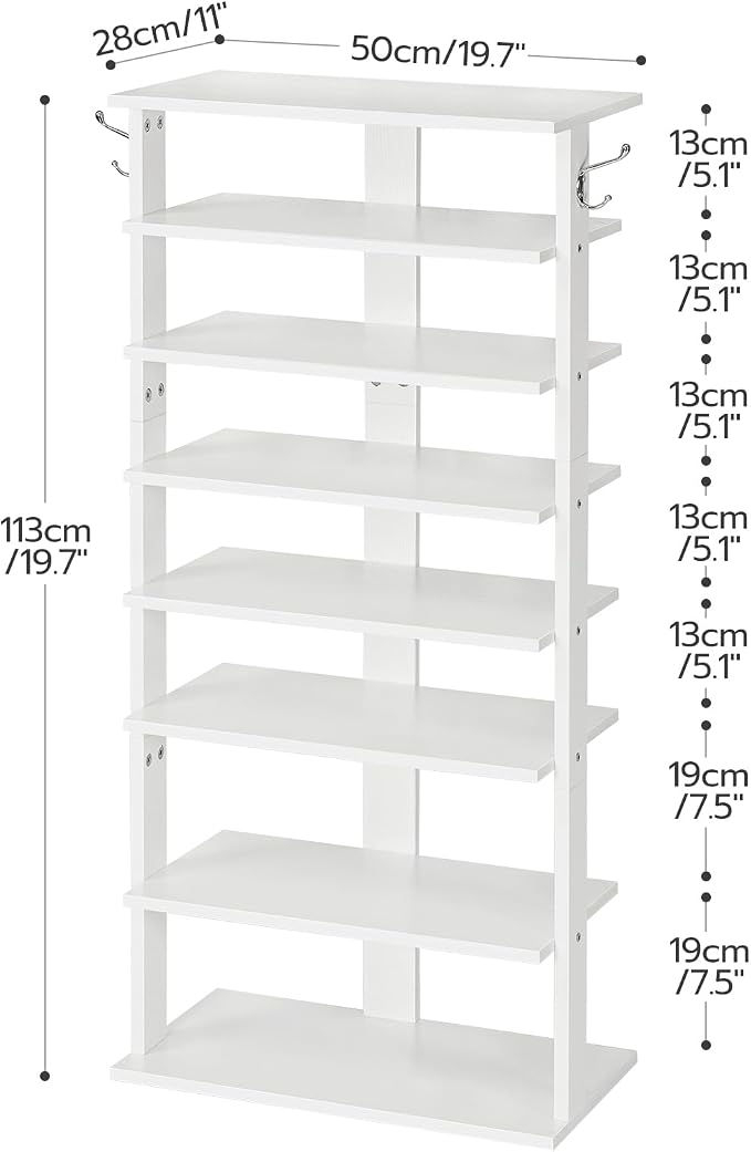 HOOBRO Vertical Shoe Rack, 8 Tier Wooden Shoe Storage Organizer with Hooks, Narrow Shoe Tower for 16 Pairs, Space Saving, for Entryway, Living Room, Bedroom, White WT750XJ01