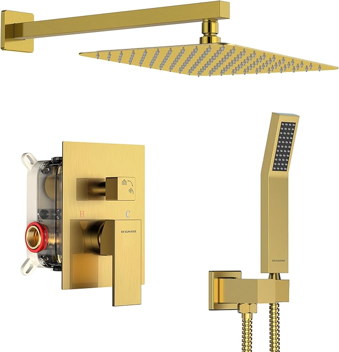 SR SUN RISE Shower Faucets Sets Complete Brushed Gold Square Rain Shower Head with Handheld Spray All Metal Shower Faucet Trim Repair Kits (Contain Shower Valve)