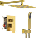 SR SUN RISE Shower Faucets Sets Complete Brushed Gold Square Rain Shower Head with Handheld Spray All Metal Shower Faucet Trim Repair Kits (Contain Shower Valve)