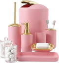 BSSN Pink Bathroom Accessories Set, Luxurious Complete 9-Piece Bath Decor Set with Trash Can, Toilet Brush, Soap Dispenser, Toothbrush Holder, Qtip Jars, Vanity Tray, Soap Dish and Tumbler Cup