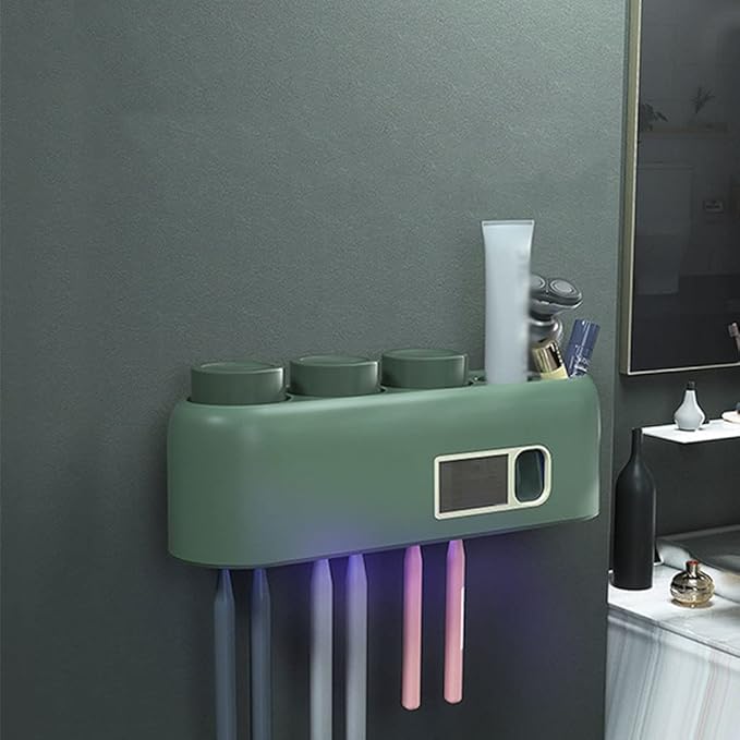 Toothbrush Rack 2PCS Wall Mount Smart Toothbrush Holder with LED Light, Mouthwash Cup, Automatic Toothpaste Dispenser Squeeze Kit Bathroom Toothbrush Holder(A)