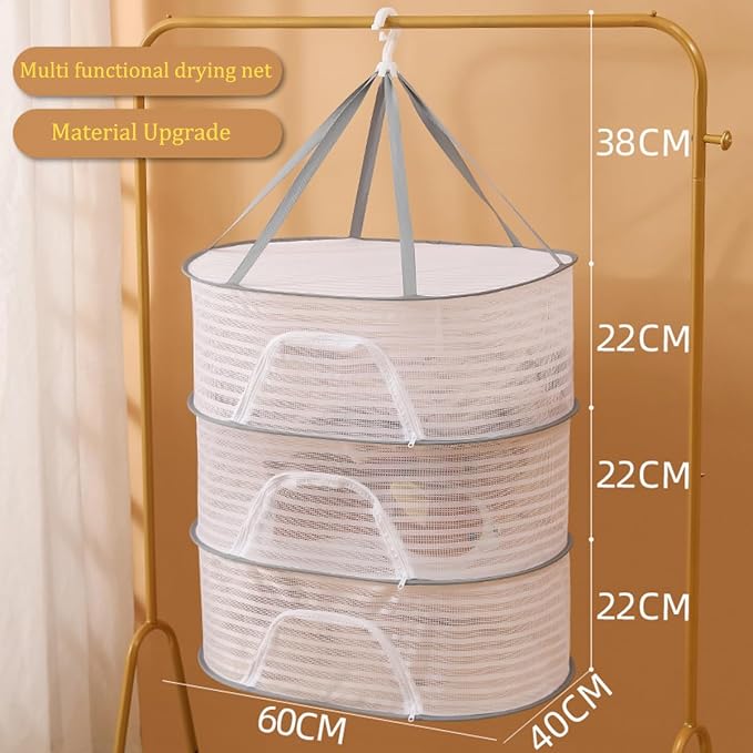 Foldable Drying Net for Vegetables, Fish, and Dehydrated Goods, Multi-tiered Food Drying Net, Versatile Drying Rack, Windproof Design, Zipper Closure for Insect Protection (White, Triple Layer)