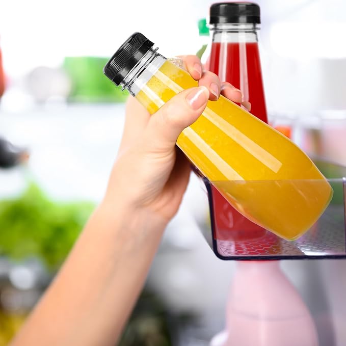 TOMNK 32pcs 12oz Juice Bottles, Empty Plastic Juicing Bottles with Caps, Cone Reusable Bottles Clear Bulk Beverage Containers for Juicing, Drinking, Milkshake, Tea and Other Beverages