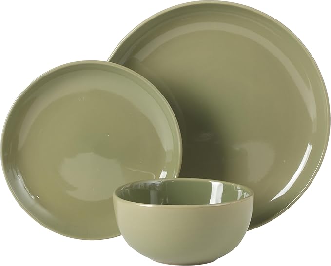 Gibson Home Rockaway 12 Piece Plates and Bowls Matte Outside/Shiny Inside Glaze Service for 4 Dinnerware Set - Green - Dishwasher and Microwave Safe