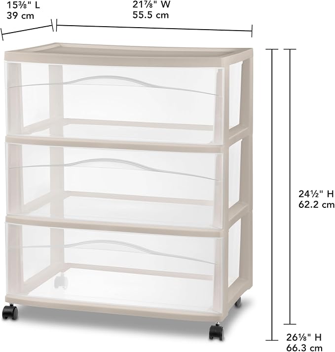 Sterilite 4 Pack Wide 3 Drawer Storage Cart, Rolling Organization, Grey | Clear Plastic Organizer Drawers with Wheels for Craft Supplies, Bath Essentials, or Home Accessories