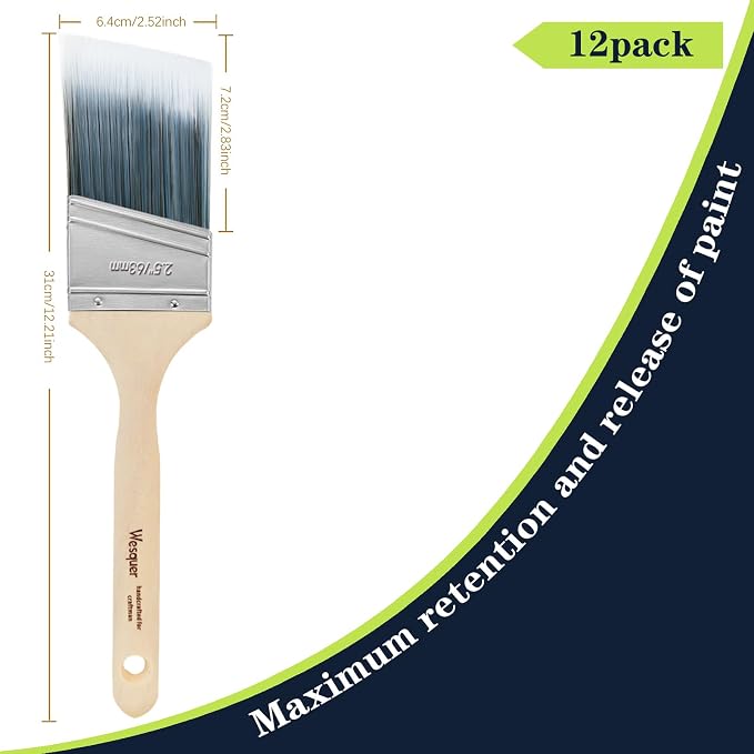 Wesquer - 2.5 Inch Paint Brushes 12 Pack Angled Stain Paint Brush for Painting Wall Fence Wood Furniture Door Frame Cabinet Window Indoor and Outdoor Commercial Paint Brush