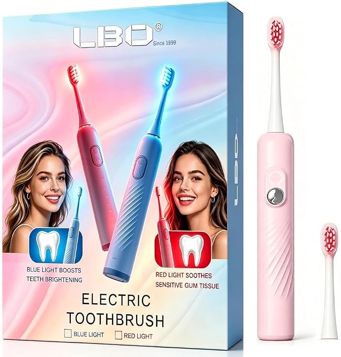 LBO Red Light Electric Toothbrush with + 1 RedLight Brush Head, Pap & Enamel Repair Whitening Toothpaste, USB Rechargeable Sonic Toothbrush with Replacement Brush Head