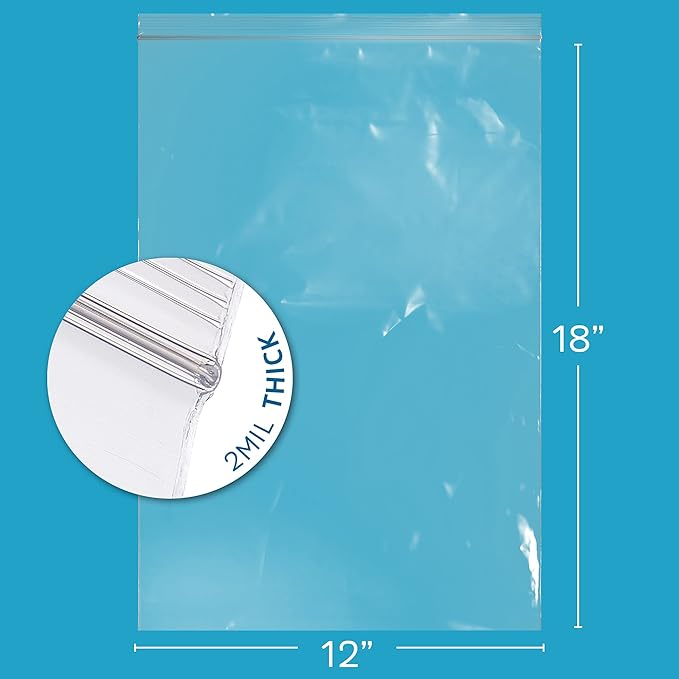 GPI - 12" x 18" Zip Bags, 100 Count, Clear Plastic Reclosable Zipper Poly Baggies, with Resealable Zip Top Lock. for Freezer, Apparel, Clothing, Food, Home & Office Supplies.