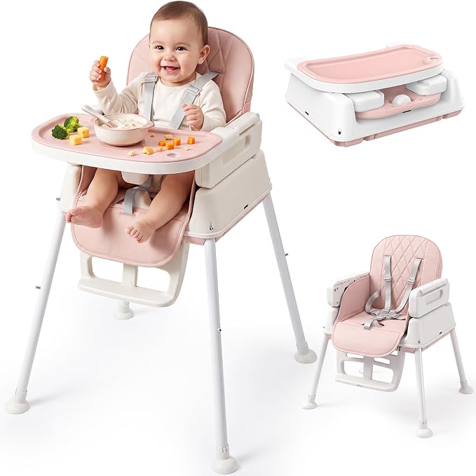 High Chair for Babies and Toddlers, 3-in-1 Convertible Baby High Chair, Built-in Leg Storage, Compact Pack-Away Design, Baby Eating Feeding Chair, Silla De Comer para Bebe, Pink
