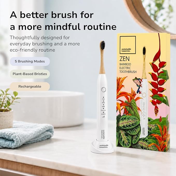 Sustainable Tomorrow Zen Bamboo Electric Toothbrush, Durable Wood-Grain ABS Handle, Rechargeable w/Plant-Based Soft Bristles, Bamboo Heads, 5 Modes & 30-Day Battery (White)