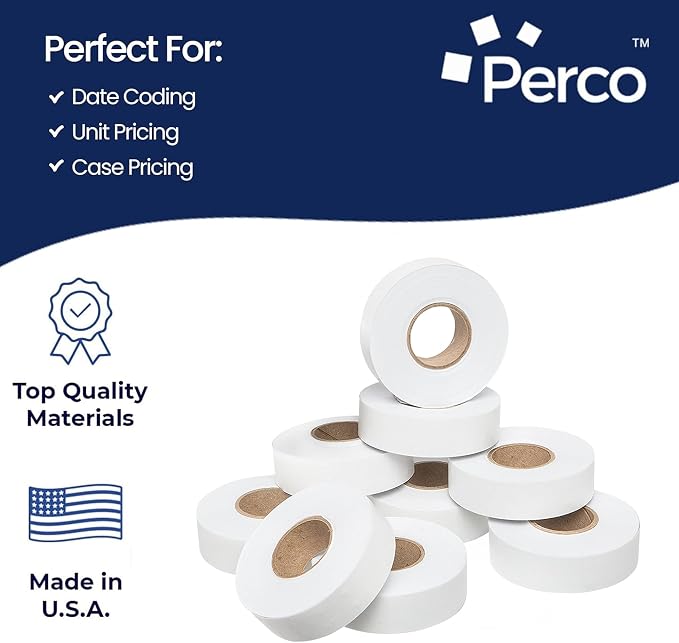 Perco White Price Marking Labels - 11,000 Blank Labels for Garvey Contact 22-6/22-7/22-8 Price Gun with Ink Roll Included - 9 Rolls, 1 Sleeve - Made in USA