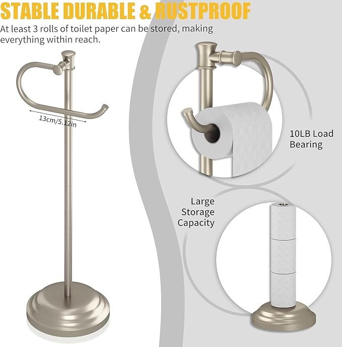 BESy Toilet Paper Holder Stand SUS 304 Free Standing Bathroom Tissue Holder with Storage Hardware Accessories Rack Hand Towel Bar Rustproof Lavatory Tissue Roll Holder Floor Modern Brushed Nickel