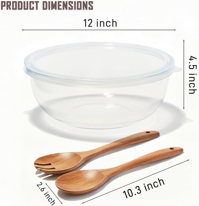 6.2Quart Large Glass Bowls with Lid,Thickened 12Inch Clear Glass Salad Cooking Bowls for Kitchen Salad Bread Storage, For Prepping, Marinating & Mixing Brining Kimch