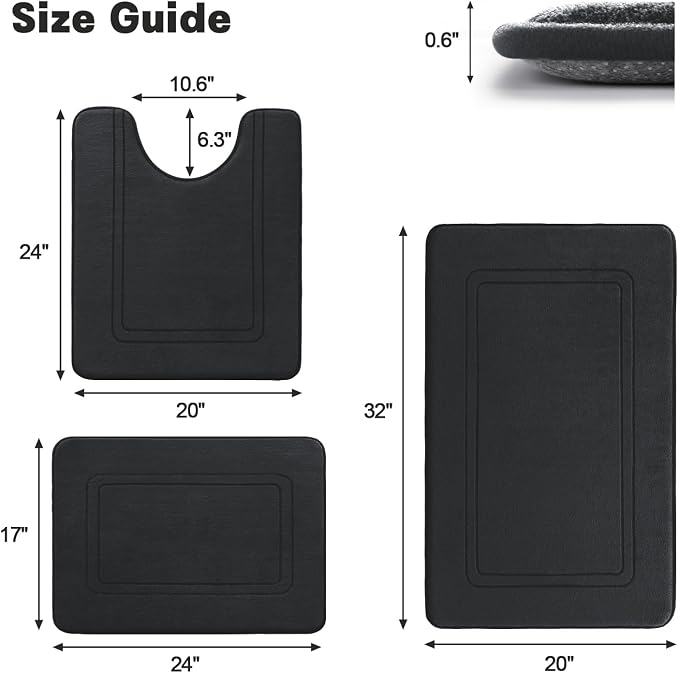 YIHOUSE Memory Foam Bath Mat Set, Non Slip Bath Mats for Bathroom, Super Soft and Water Absorbent, Machine Washable U Shape Toilet Mats, Black