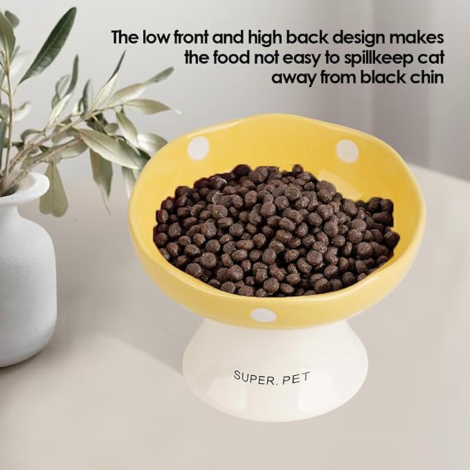 Ceramic Elevated Cat Bowls, Tilted Raised Pet Dish Anti Vomit Kitten Bowl for Indoor Cats, Whisker Friendly Pet Food and Water Bowl for Kitten, Cat, Puppies, Dishwasher Safe (Yellow) | Elevated, Ceramic, Whisker Friendly, Wide Opening, Anti Vomitin,Cut...