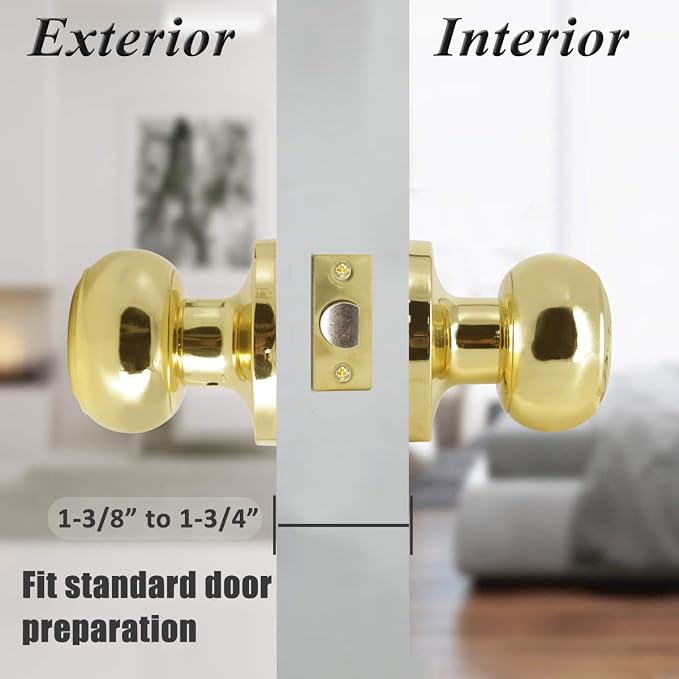 Probrico Passage Door Knobs Polished Brass Interior Hall/Closet Door Handles Keyless Locksets, 10 Pack