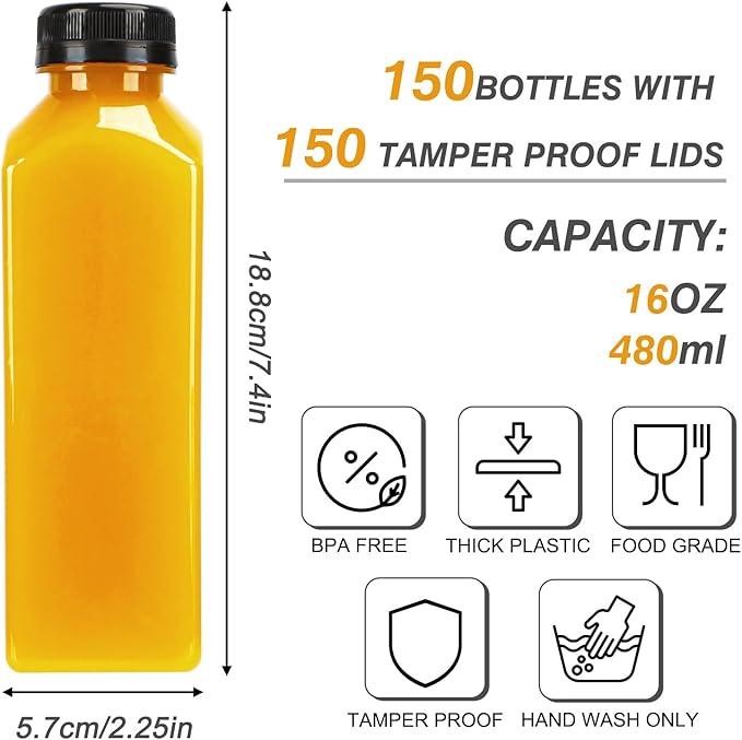 TOMNK 150pcs Juice Bottles, 16oz Reusable Plastic Juice Bottles with Caps and Labels, Funnel, Brush Beverage Containers for Juicing, Smoothies, Tea, Milk