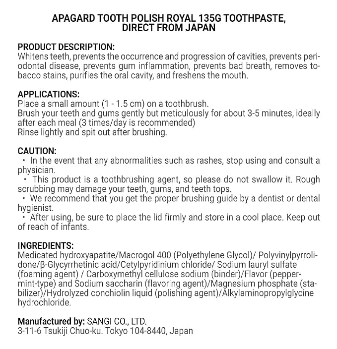 Apagard Tooth Polish Royal 135g toothpaste, Direct from Japan