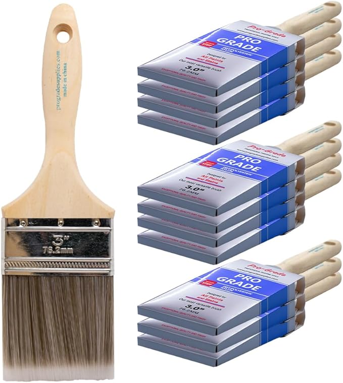 Pro Grade Paint Brushes 3 Inch Flat Paint Brush Set for Walls Trim Cabinets Doors Professional Painter Contractor Interior Exterior 12 Pack