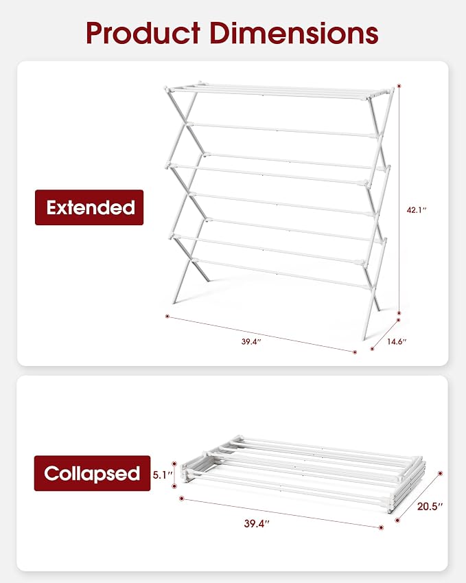 Sakugi Foldable 3-Tier Clothes Drying Rack 42.1" H with Non-Slip Feet | Indoor & Outdoor Use, Space Saving, Metal Frame, 14.6" D x 39.4" W, White