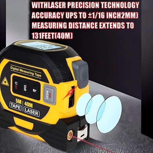 Tape Measure 3-in-1 Laser Digital Measuring Tape Ruler-LCD Backlight 5M/16Ft Tape & Laser 40m/131Ft Rangefinder,Crosshairs Markings,Data Storage,Durable ABS Case/Yellow 1Pack
