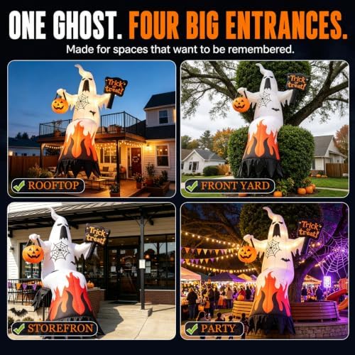 15 FT Halloween Inflatables Ghost Outdoor Decorations Blow Up Yard Ghost with Trick or Treat Sign & Pumpkin Lantern, Built-in LED Lights Inflatable Decor for Garden Lawn Indoor Party Decor