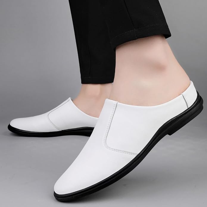 Men'S Leather Slippers Without Heel Straps Soft And Breathable Comfortable Hand-Sewn Casual Round-Toe Shoes Anti-Slip Sole Suitable For Daily Use Outdoor Activities Home Use Shopping